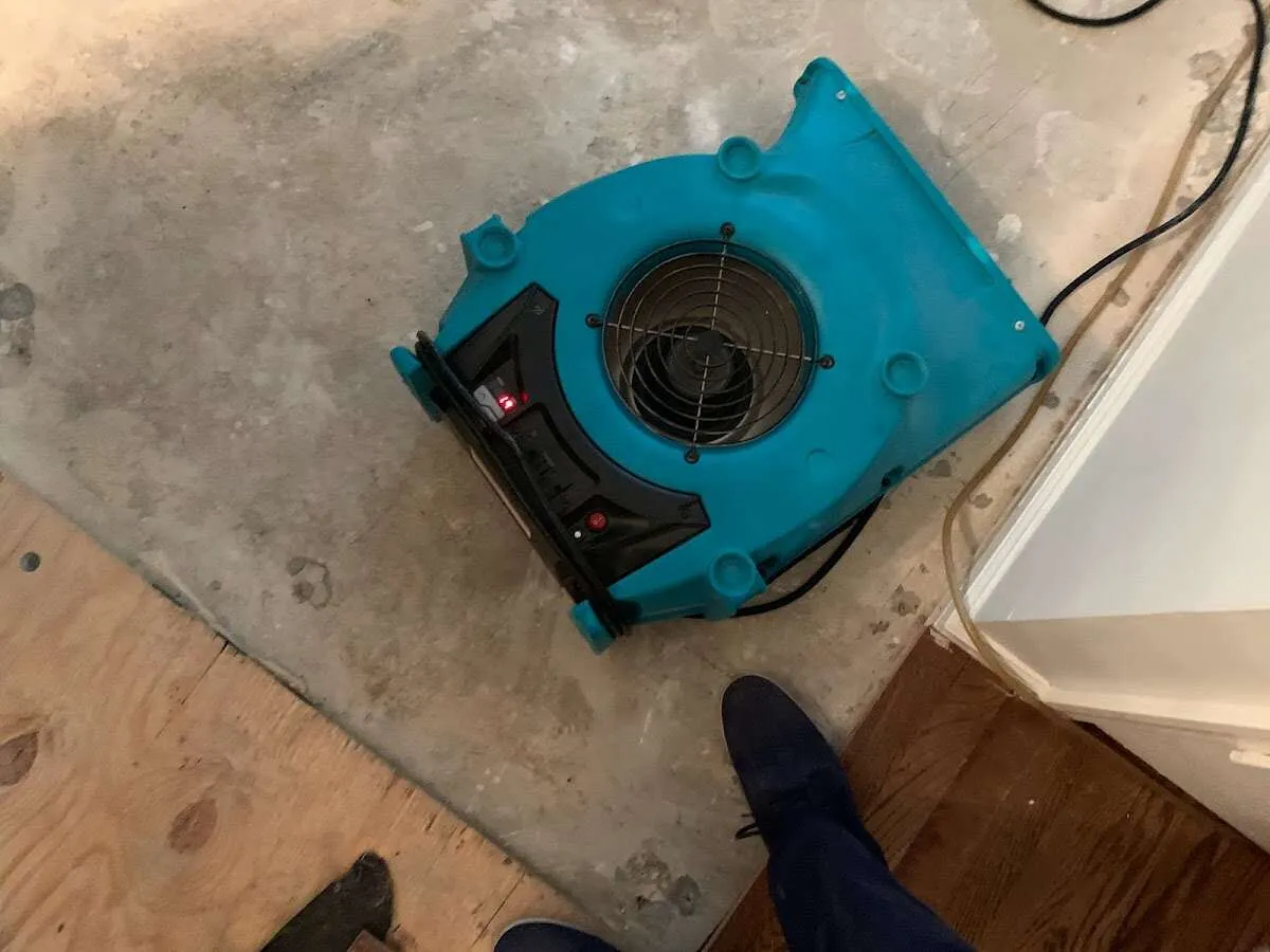 Air mover drying subfloor during Commercial Water Damage Restoration in Makawao